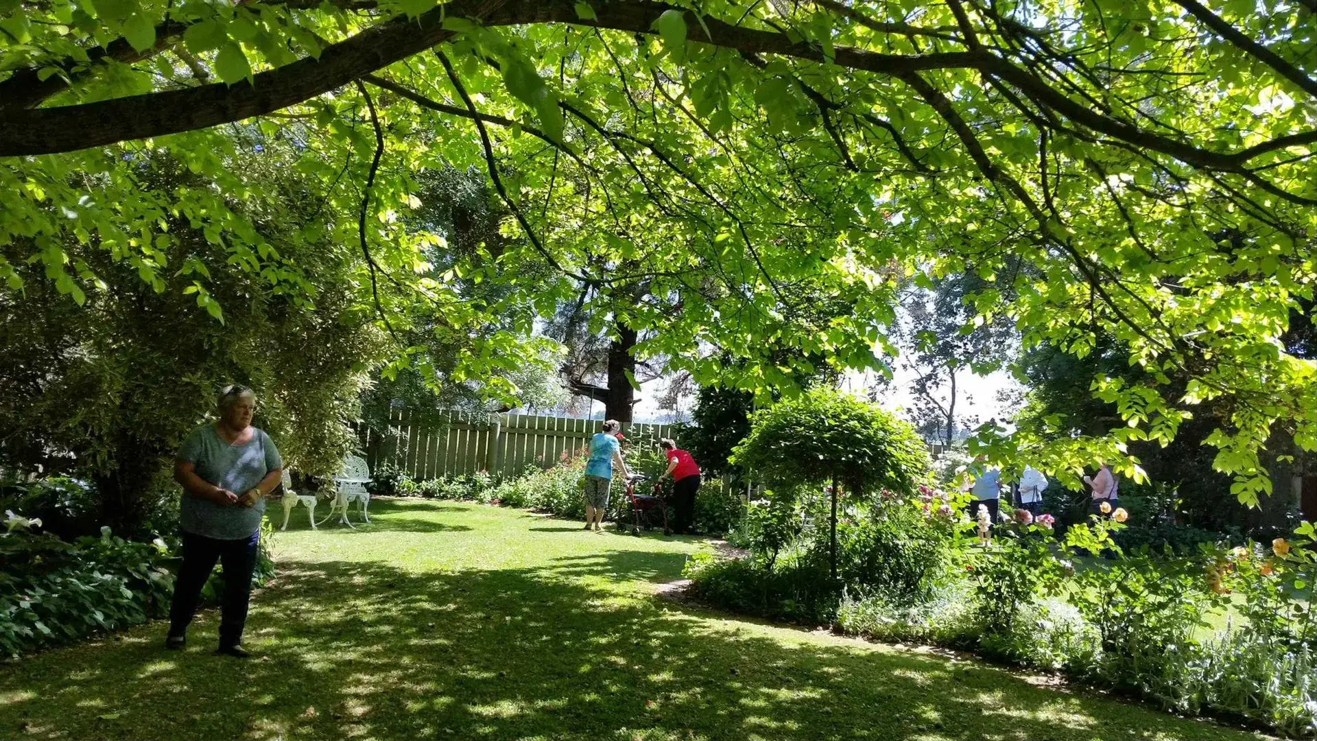 Members of the Garden Group walking through a leafy garden on a sunny day